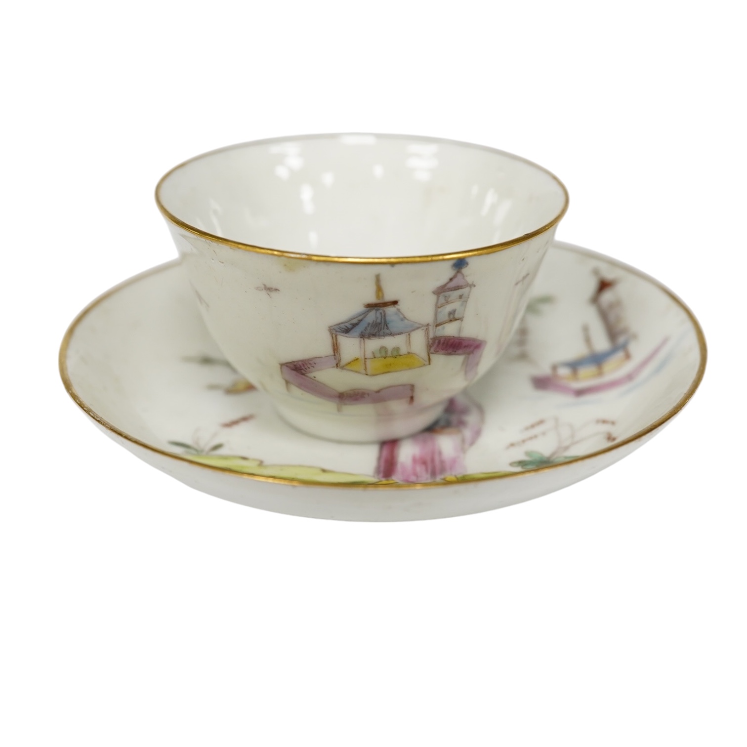 A Nove porcelain tea bowl and saucer, c.1770-75, hand painted with Chinese figures, iron red asterisk marks, 11.5cm in diameter